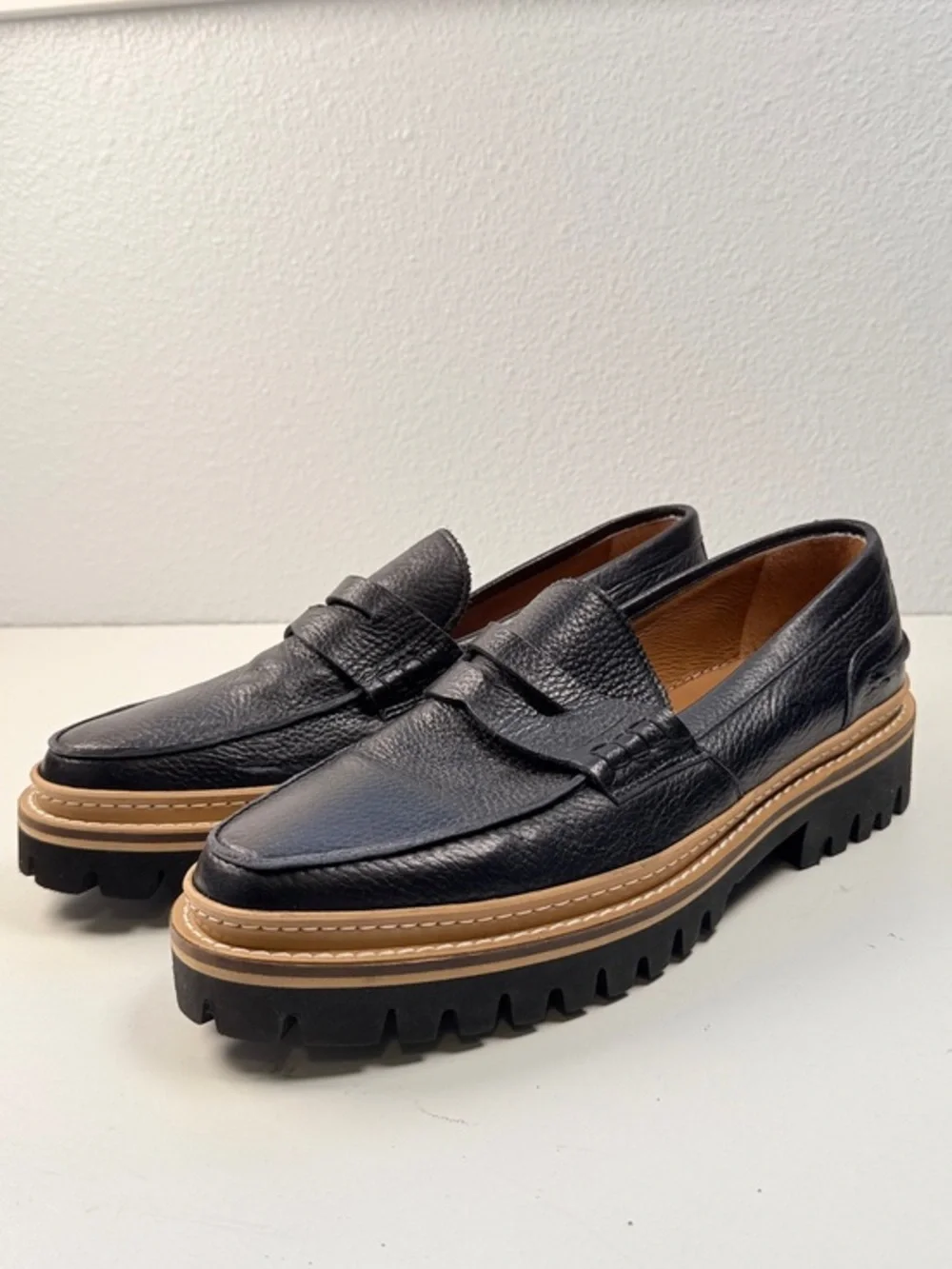 Taft Black Leather Lug-Sole Penny Loafers with Tan Welt Trim